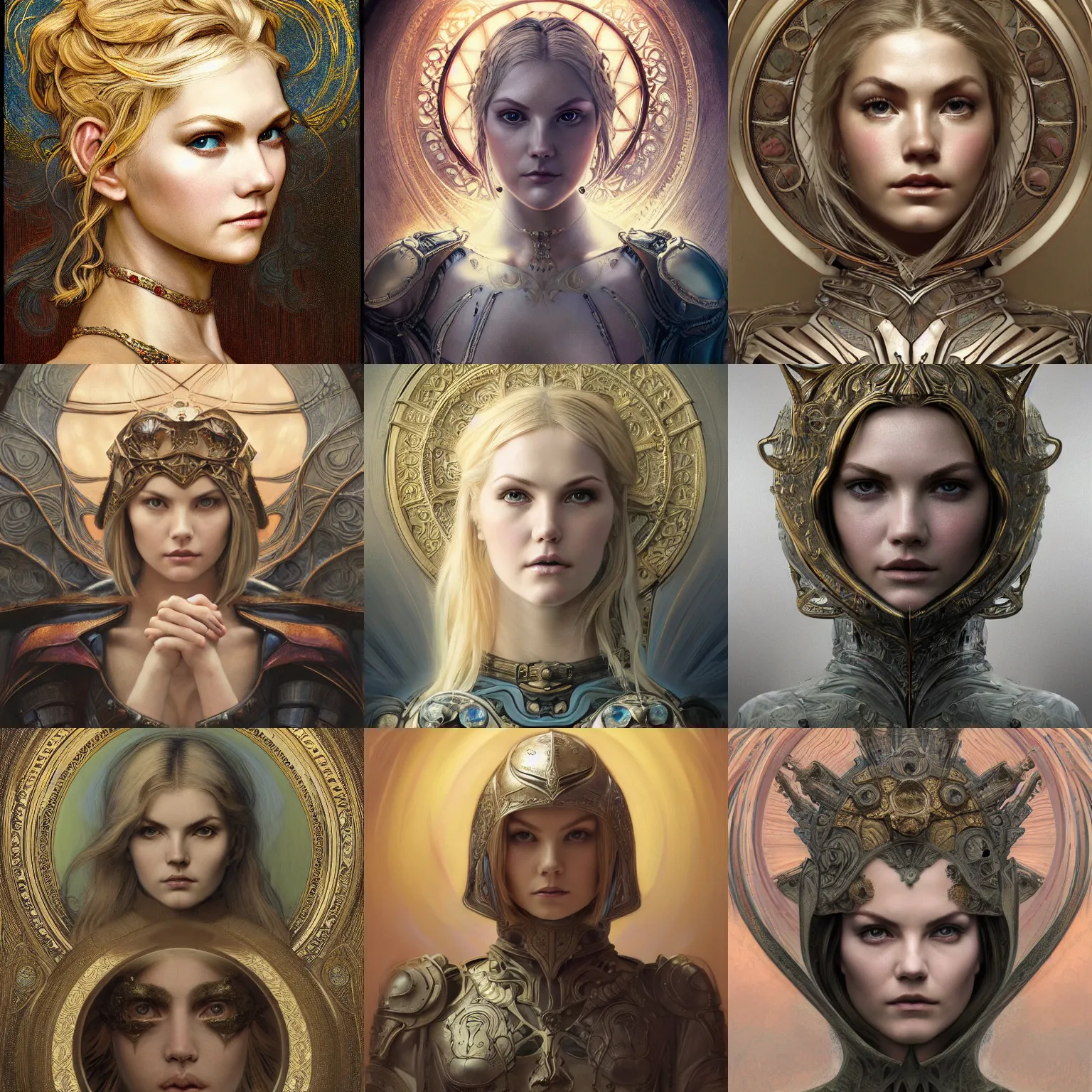 Prompt: masterpiece head-on symmetrical centered portrait, Elisha Cuthbert as a paladin, blonde hair, steel armour, art nouveau, gothic, victorian, elegant, distant, in the style of Edgar Maxence and Ross Tran and Zdzisław Beksiński and Michael Whelan and Mucha and Gustave Doré, specular highlights, 8k, octane render
