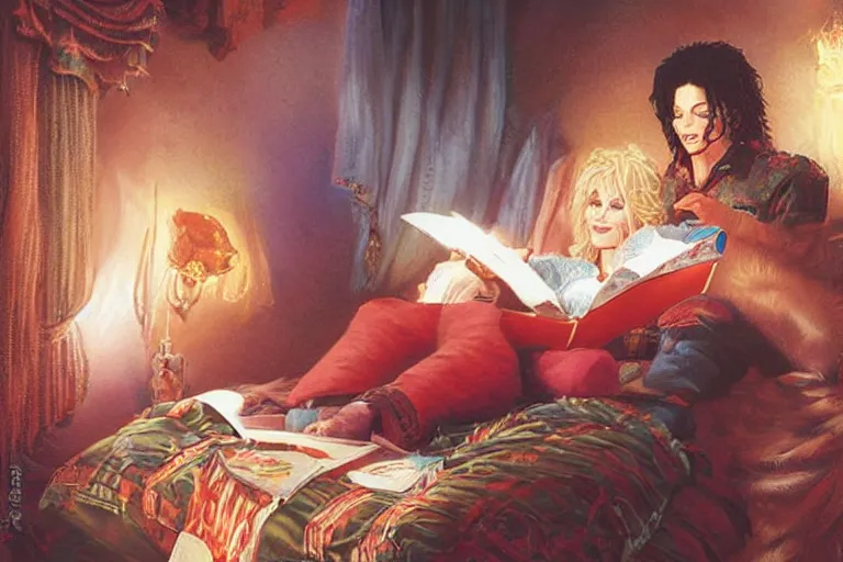 Image similar to portrait of dolly parton reading a bedtime story to michael jackson in bed, an oil painting by ross tran and thomas kincade