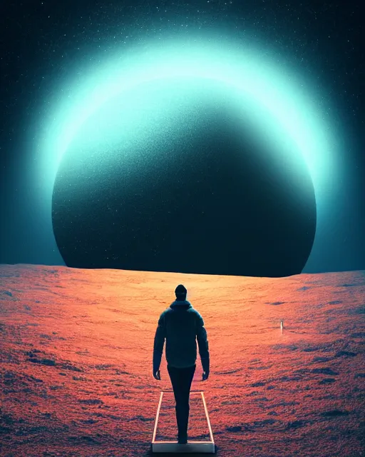 Image similar to a person standing in front of a glowy open door that's on a barren moon, poster art by mike winkelmann, trending on cg society, space art, sci - fi, ue 5, futuristic, volumetric lighting, light casting onto the ground, neat composition and camera angle