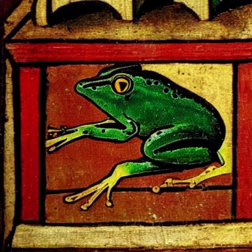 Image similar to medieval painting of a frog behind a computer