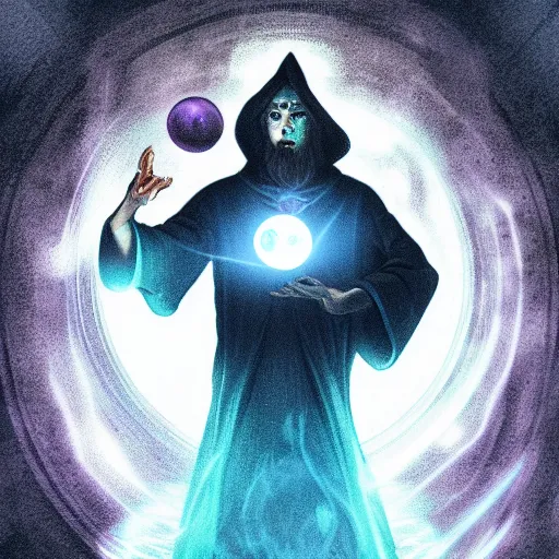 Image similar to a warlock is casting a magic spell, while magic orb is floating in his hand, the magic orb emit a blueish vapour, dynamic pose, chromatic aberration , medium level shot, Mucha style , Grim fantasy, illustration ,concept art,