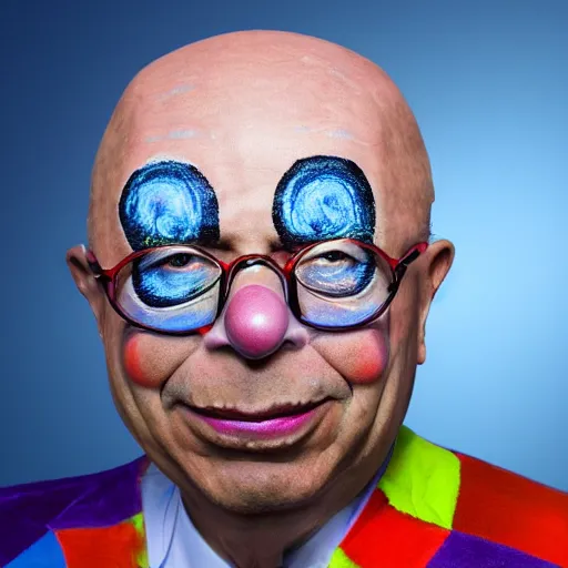 Image similar to uhd photorealistic portrait of cosmic clown made of bugs, in the image of klaus schwab, wearing authentic clown costume and real bizarre clown makeup, correct face, accurate faces, intricate details, intricate cllown makeup