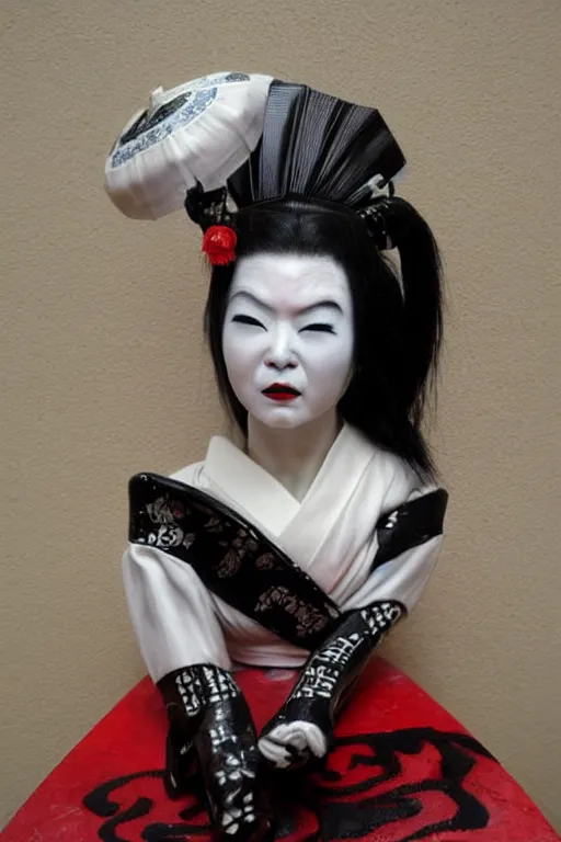 Image similar to porcelain eyeless geisha made by Kris Kuksi and HR Giger