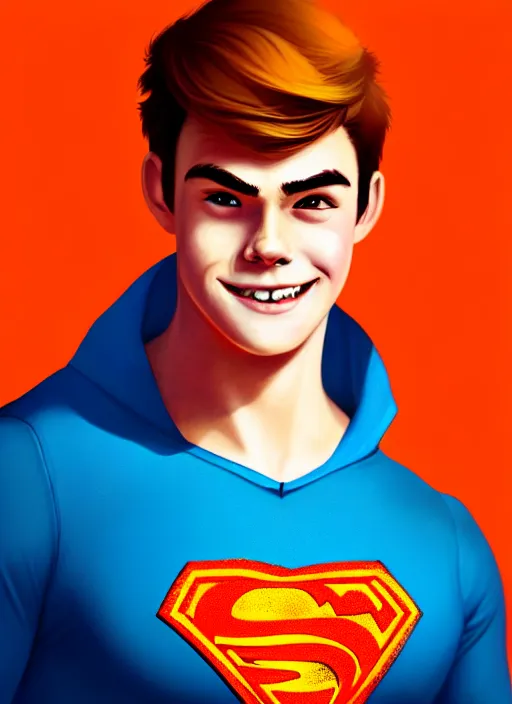 Image similar to friendly teenage archie andrews wearing an orange superhero costume with heart logo, freckles, pureheart the powerful, heart emblem on chest, blue cape, intricate, elegant, glowing lights, highly detailed, digital painting, artstation, sharp focus, illustration, art by wlop, mars ravelo and greg rutkowski