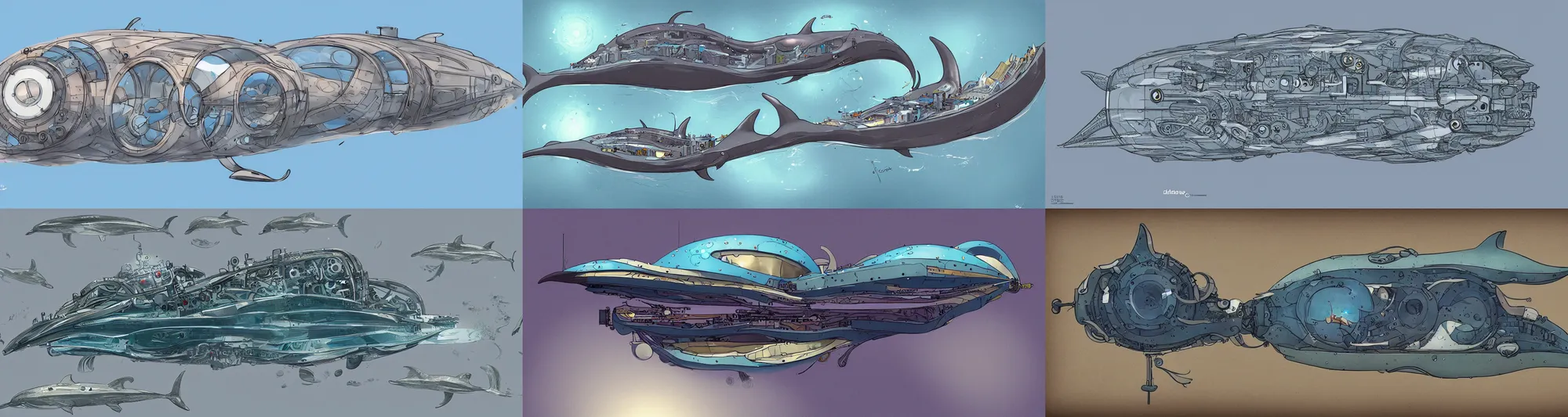 Prompt: cross-section of a beautiful dolphin-shape clockwork submarine operated by a crew of cats, concept art, artstation, Ghibli