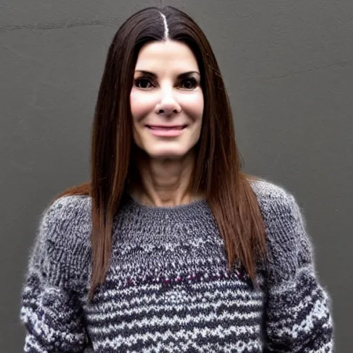 Image similar to a hand knit wool sweater with a sandra bullock face pattern