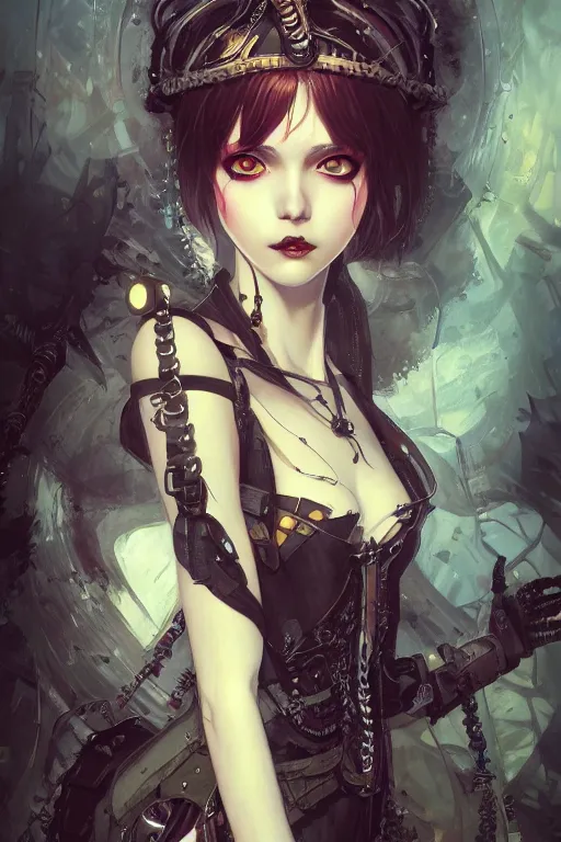 Prompt: portrait of beautiful young gothic maiden, cyberpunk, Warhammer, highly detailed, artstation, illustration, art by Gustav Klimt and Range Murata and Ilya Kuvshinov and RossDraws