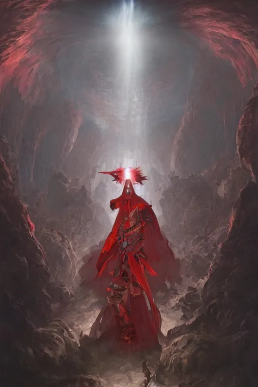 Image similar to a samurai cloaked in white armor, standing under a beam of light inside a dark cave, ruby red sorrow, high quality, ultra detail, by Peter Mohrbacher and Peter Gric