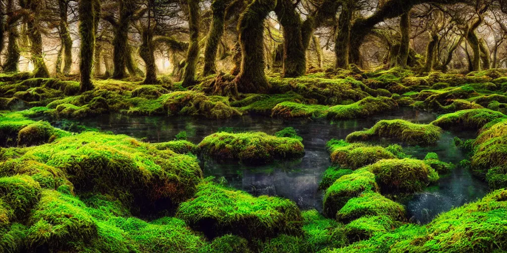 Prompt: gorgeous fields of moss landscape with glistening water, magical forest, brightly colored, magical, fantasy, landscape, beautiful, intricate details, highly detailed, sharp focus, concept art, digital painting, trending on artstation, still, screenshot, photo, photograph, in the style of Adrian Dudak