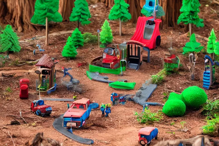 Prompt: fisher price redwood forest, california scene from tv show 5 5 mm 8 5 mm, toy photography, made out of plastic