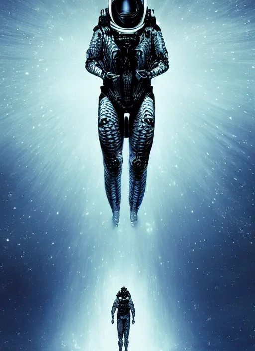 Image similar to hybrid alexander mcqueen astronaut in dark void underwater - complex and hyperdetailed technical suit design. reflection and dispersion materials. rays and dispersion of light. volumetric light. f / 3 2. noise film photo. flash photography. ultra realistic, 5 0 mm. poster by wayne barlowe, hajime sorayama, aaron horkey, craig mullins