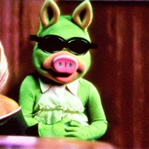 Prompt: movie still of trinity as miss piggy in the matrix 1 9 9 9 movie
