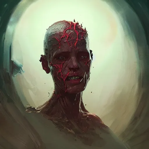 Prompt: scifi portrait by Greg Rutkowski, a person infected with a kind of reddish silt that is sprouting from all over his body, violent and vicious appearance, scifi, space horror, digital painting, artstation, concept art, smooth, sharp foccus ilustration, Artstation HQ.