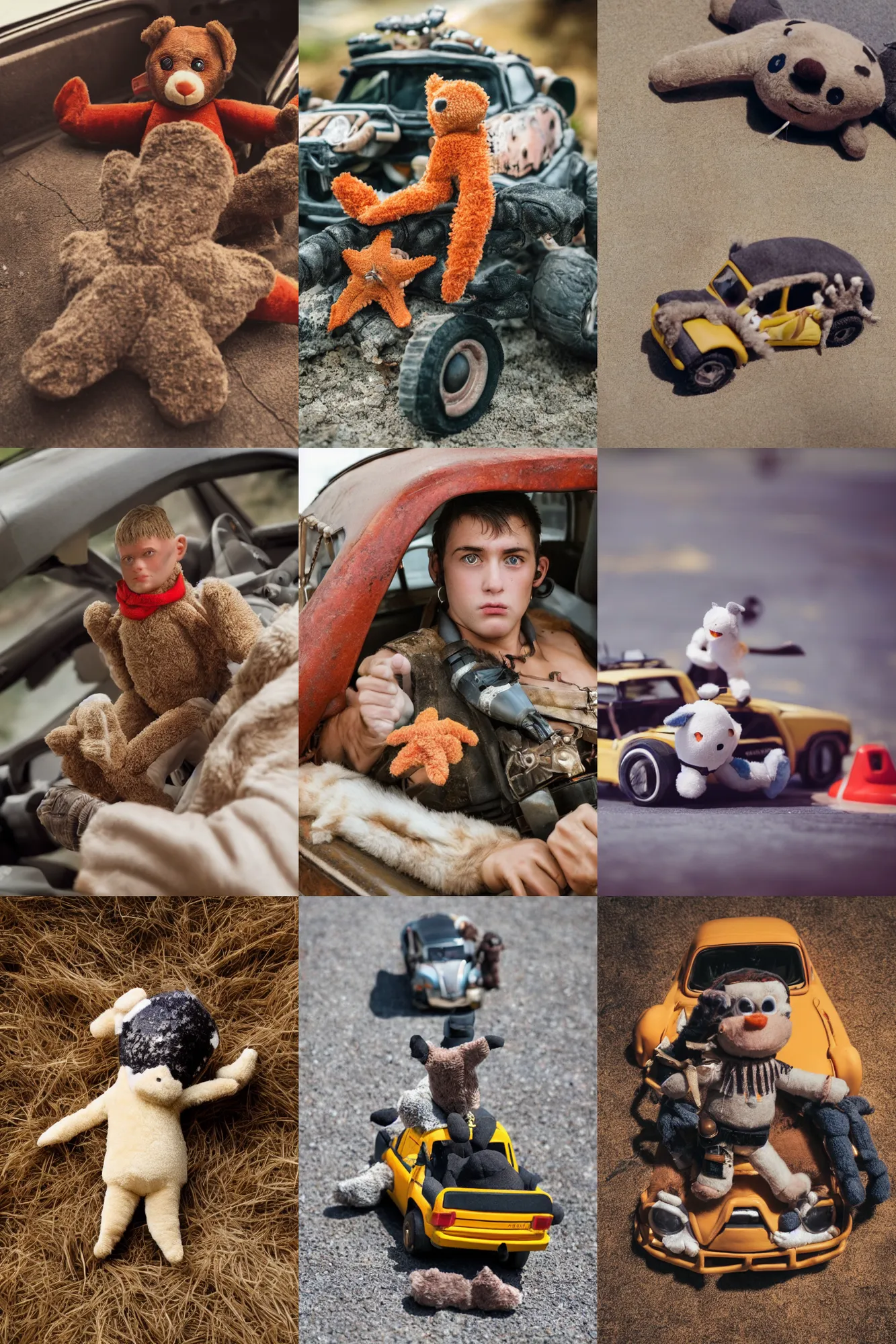 Prompt: Kodak portra 160, 8K, highly detailed, portrait, tilt shift, starfish pose: famous plush toy in low budget mad max movie remake, car chase scene