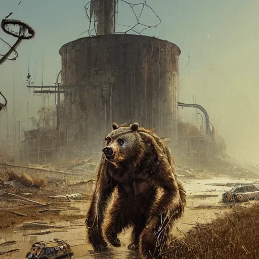 Image similar to a steampunk cyborg grizzly bear walking in a wasteland, abandoned barn in the background, collapsed water tower, painting by Greg Rutkowski