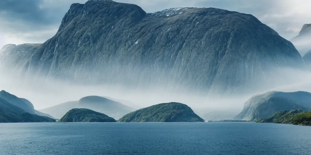 Image similar to a beautiful view of the fjords by the sea. atmosphere, god rays, golden hour, cinematic