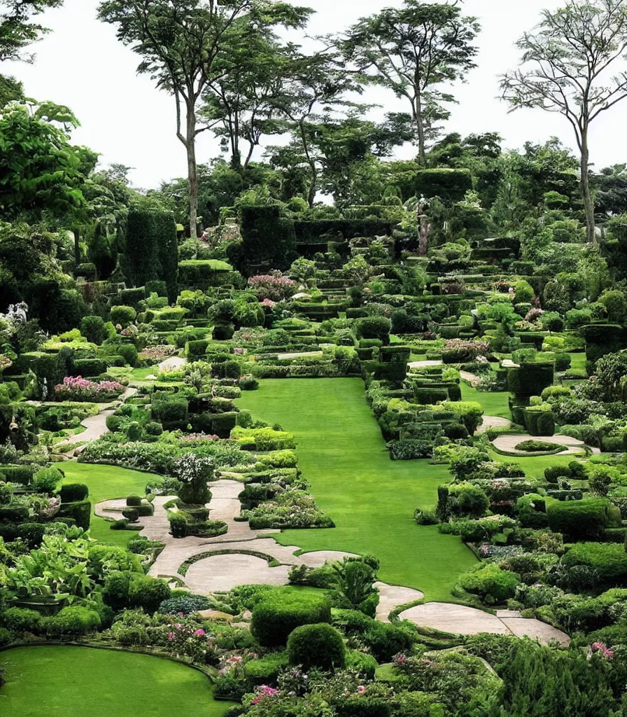 Image similar to a villa garden, garden landscape, symmetrical landscape and architectural design ， by gertrude jekyll and ieoh ming pei ， trending ，