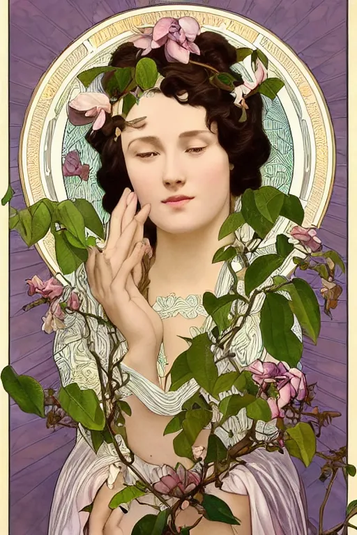 Prompt: a goddess of magnolias, queen of the garden!!, meditating in nature!!!! with a beautiful symmetrical face!!! cinematic lightning, isolated, studio lighting by alphonse mucha and tom bagshaw