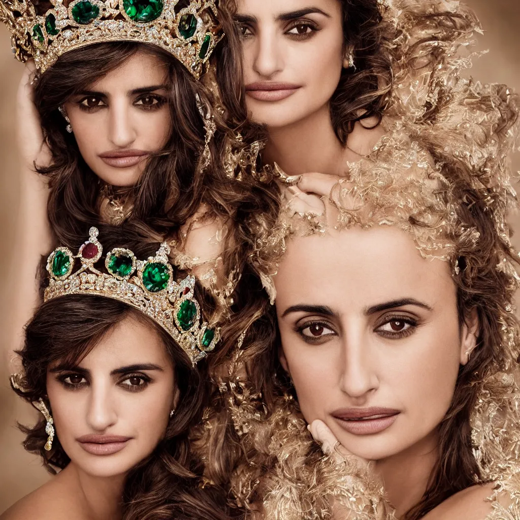 Image similar to penelope cruz as the princess of england, big crown adorned with emerald, diamonds, topaz, gold, ruby and other jewellaries, sensual, beautiful soft light failling on her face, zoomed out, studio photography, nikon 3 5 mm portrait photography, ultra realistic