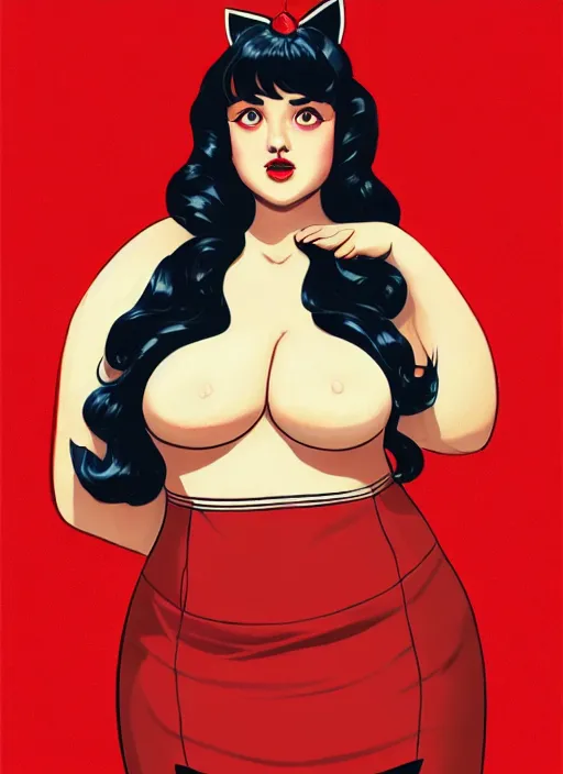 Image similar to full body portrait of teenage veronica lodge, obese, bangs, sultry, realistic, sultry smirk, wavy hair, red skirt, fat, belly, intricate, elegant, glowing lights, highly detailed, digital painting, artstation, concept art, smooth, sharp focus, illustration, art by wlop, mars ravelo and greg rutkowski