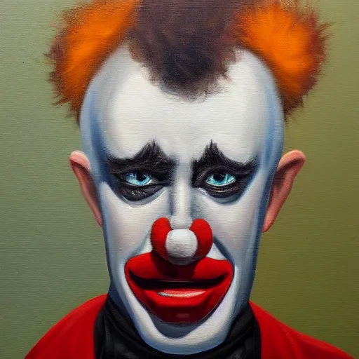 Prompt: a contemporary painting of a portrait of a depressed clown, oil on canvas, noir, trending on artstation