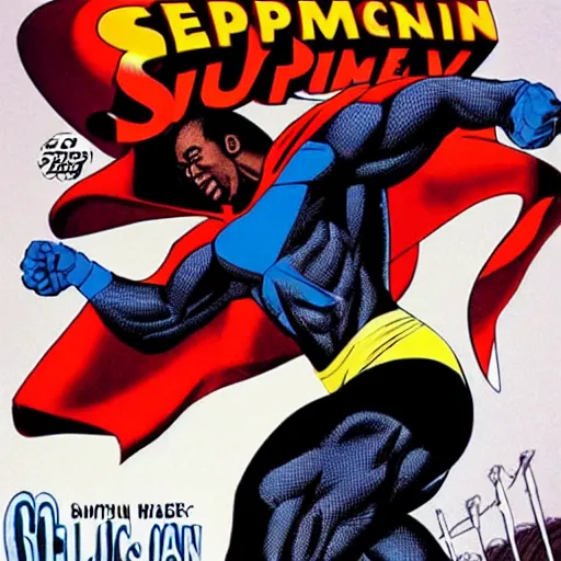 Prompt: black superman flying. super dialed. super muscled