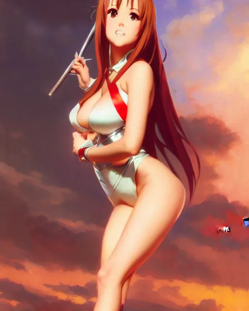 Image similar to pinup photo of asuna from sao, hot asuna by, by greg rutkowski, gil elvgren, glossy skin, pearlescent, anime, maxim magazine,