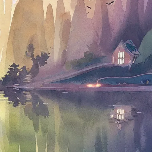 Image similar to Beautiful happy picturesque charming sci-fi town in harmony with nature. Beautiful light. Water and plants. Nice colour scheme, soft warm colour. Beautiful detailed watercolor by Lurid. (2022)