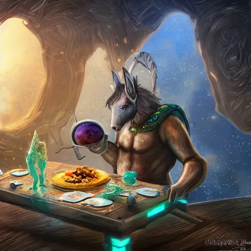 Image similar to zoom out, ultrarealistic, ultradetailed, war donkey eating breakfast, sitting on a futuristic table with aliens, at the end of the universe, very very very ultradetailed, epic fantasy style art, fantasy epic digital art, epic fantasy art, hearthstone style art, pathfinder, dungeons and dragons, floral, planets, stars, galaxies, highlights, organic, concept art