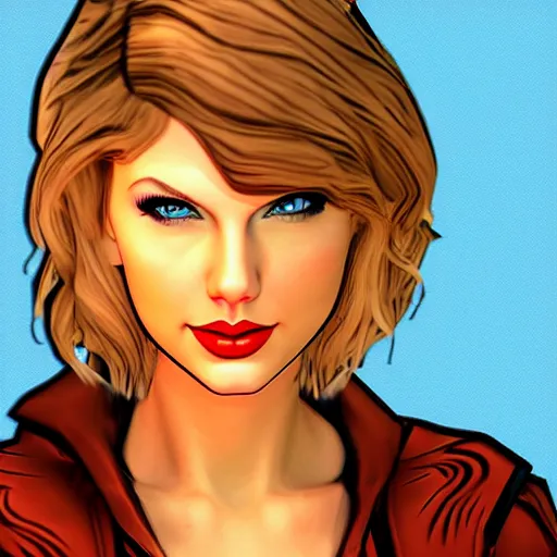 Image similar to taylor swift portrait, borderlands, tales from the borderlands, the wolf among us, comic, cinematic lighting, studio quality, 8 k