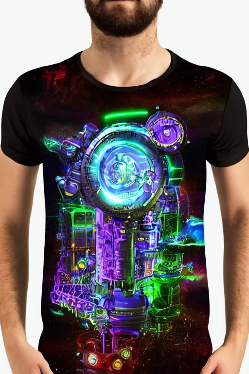 Image similar to a band shirt, tshirt, bandname is tripmachine, tourname is invasion of the tripmachines, realistic digital art, 3 d render of a huge futuristic steampunk generator, 8 k, fluorescent colors, halluzinogenic, multicolored, exaggerated detailed, unreal engine