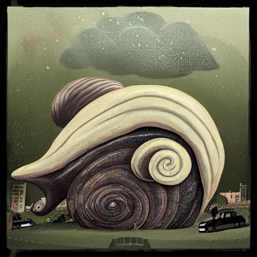 Prompt: A giant snail coming out of the ground, destroying the city