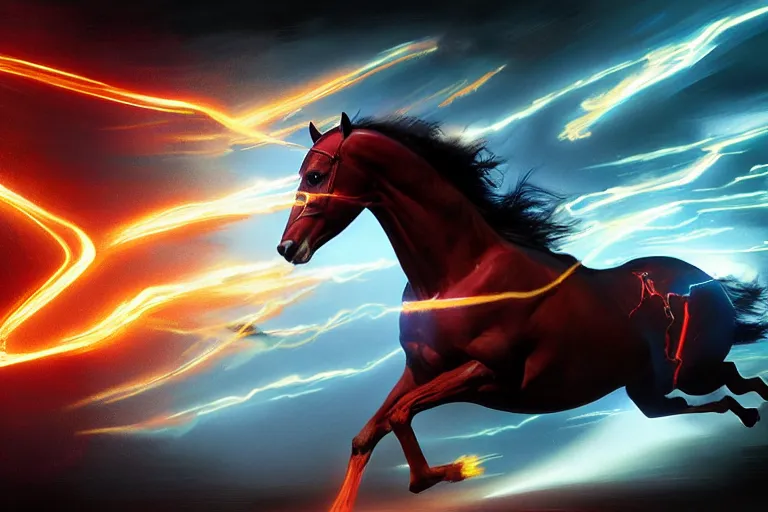 Prompt: a stunning digital painting of a horse as the flash running in the speedforce by greg rutkowski, volumetric light, digital art, fine detail, photorealistic