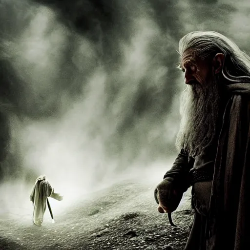 Image similar to messi as gandalf in a deleted scene from the lord of the rings fighting the balrog in the bridge, beautiful dynamic dramatic dark moody lighting, stunning shadows, octane render, foggy atmosphere, horror atmosphere,