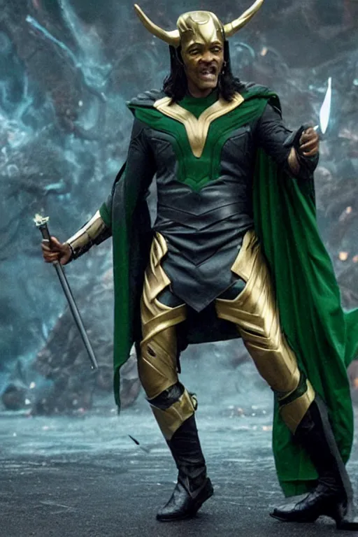 Prompt: film still of Samuel L Jackson as Loki, wearing Loki Helmet, wielding a powerful magical staff, in new Avengers film