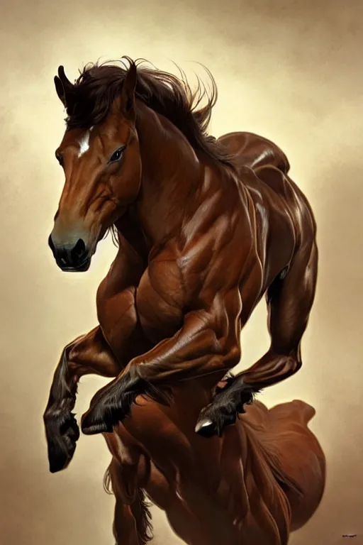 Image similar to an enormously muscular horse at a research facility doffed in leather, highly detailed, digital painting, artstation, concept art, sharp smooth focus, illustration, art by artgerm and greg rutkowski and alphonse mucha