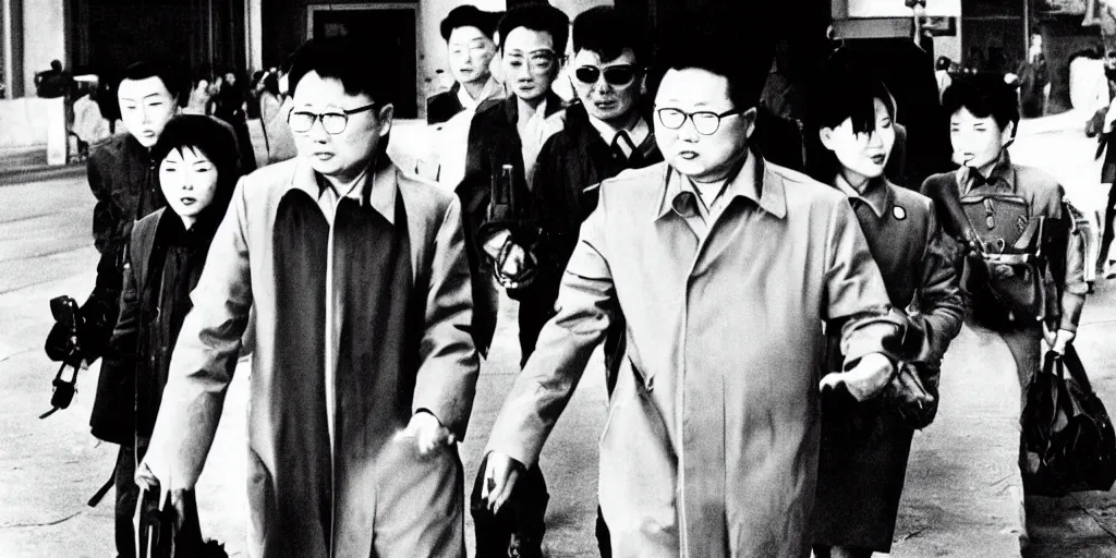 Image similar to kim jong - il walking in 1 9 6 0 s pyongyang, film noir in the style of ghost in the shell by mamoru oshii