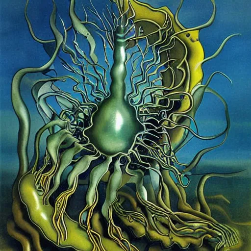 Image similar to deep sea plant life creature, surreal painting, dali style,