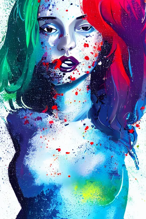 Image similar to a award winning half body portrait of a beautiful woman in a croptop and cargo pants with ombre navy blue teal hairstyle with head in motion and hair flying, paint splashes, splatter, outrun, vaporware, shaded flat illustration, digital art, trending on artstation, highly detailed, fine detail, intricate