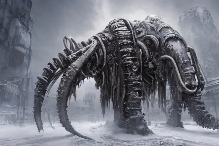 Image similar to a giant steampunk mammoth, post - apocalyptic ice landscape in snowstorm, concept art by hr giger, hyper detailed, unreal engine