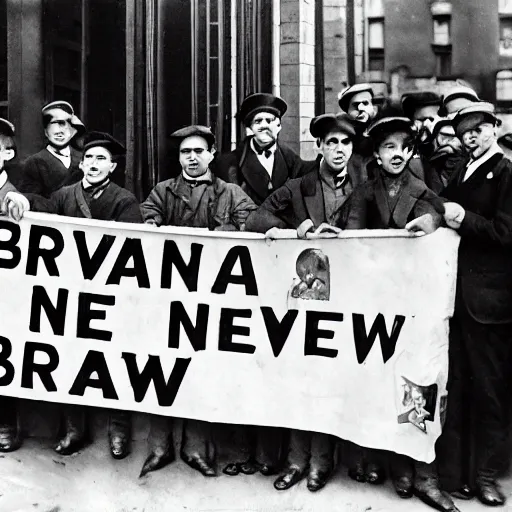 Prompt: 1 9 1 0 newsies carry a banner that says bravo