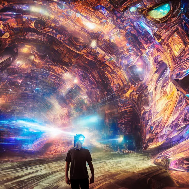 Image similar to cinematic shot epic hall of creativity, walls of large moving images, hyper realistic, mood lighting, fantasy, detailed people creating beautiful diverse large holographic art, highly detailed, super realistic, point of view of cybernetic visor, perfect lighting pixel sorting, style sheet