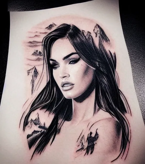 Image similar to double exposure effect tattoo design sketch of megan fox with beautiful mountain scenery, realism tattoo, in the style of matteo pasqualin, amazing detail, sharp