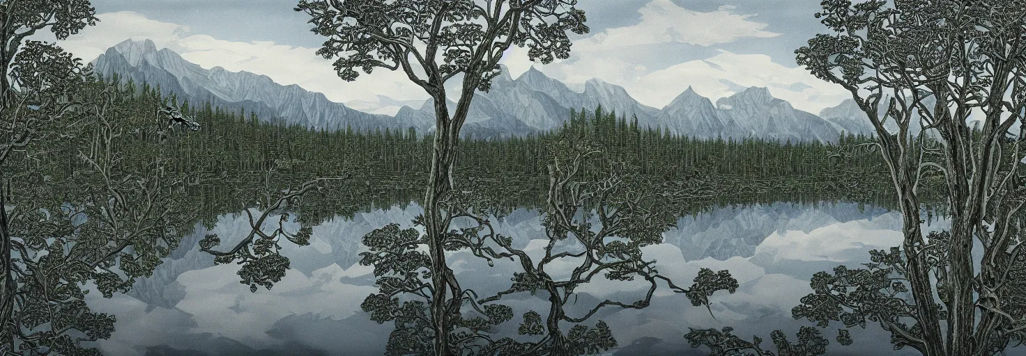 Image similar to escher painting of a lake, big trees reflecting on lake surface, mountains at background, snowy, ultra sharp, ultra detailed, dark emotion, colorized by salvador