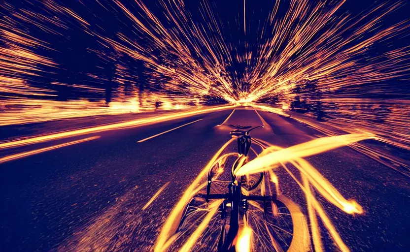 Image similar to a bicycle with a rocket engine attached to the back, flames and fire shooting out the back, light trails and motion blur, stylized photo