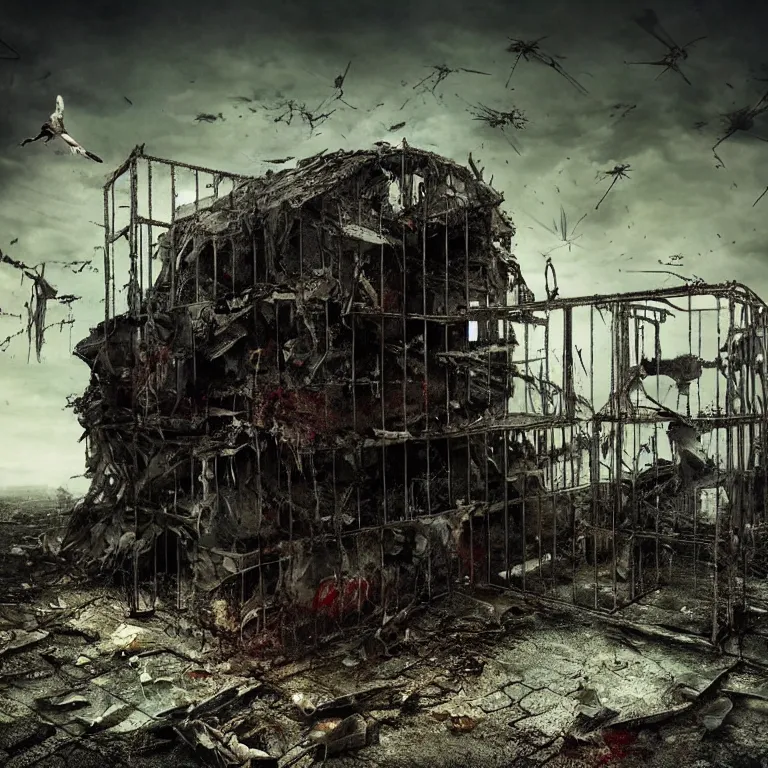 Image similar to black raven locked inside cage, extreme details, hopeless, postapocalyptic picture, very emotional, ruins around the cage, nuclear explosion, erik johansson style, conceptual art, the last day on the earth, insane detail, blood, saturated, hyper realistic 8 k textured