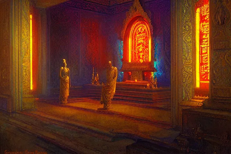 Image similar to mausoleum, buddhism, neon light, painting by gaston bussiere, greg rutkowski