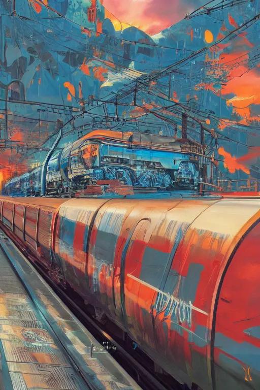 Image similar to trains covered in dripping graffiti paint, painterly, james jean, yoshitaka amano, hiroshi yoshida, moebius, loish, artgerm, painterly, symmetrical, ultra detailed, hyper realistic, illustration, sunset lighting