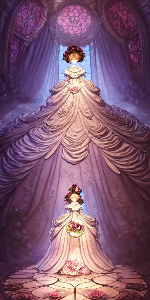 Prompt: the beautiful hyperdetailed physical rendering of a single rose flower wedding gothic lolita dress clothing design display in show in front of your eyes, perfectly shaded, atmospheric lighting, in the style of makoto shinkai, raphael lacoste louis comfort tiffany, stanley artgerm lau, wlop, rossdraws, 8 k hd, fine texture structure, 3 drender,