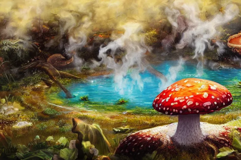 Image similar to highly detailed oil painting of a dinosaur ( ( mushroom ) ) in a steaming colorful hotspring, featured on artstation